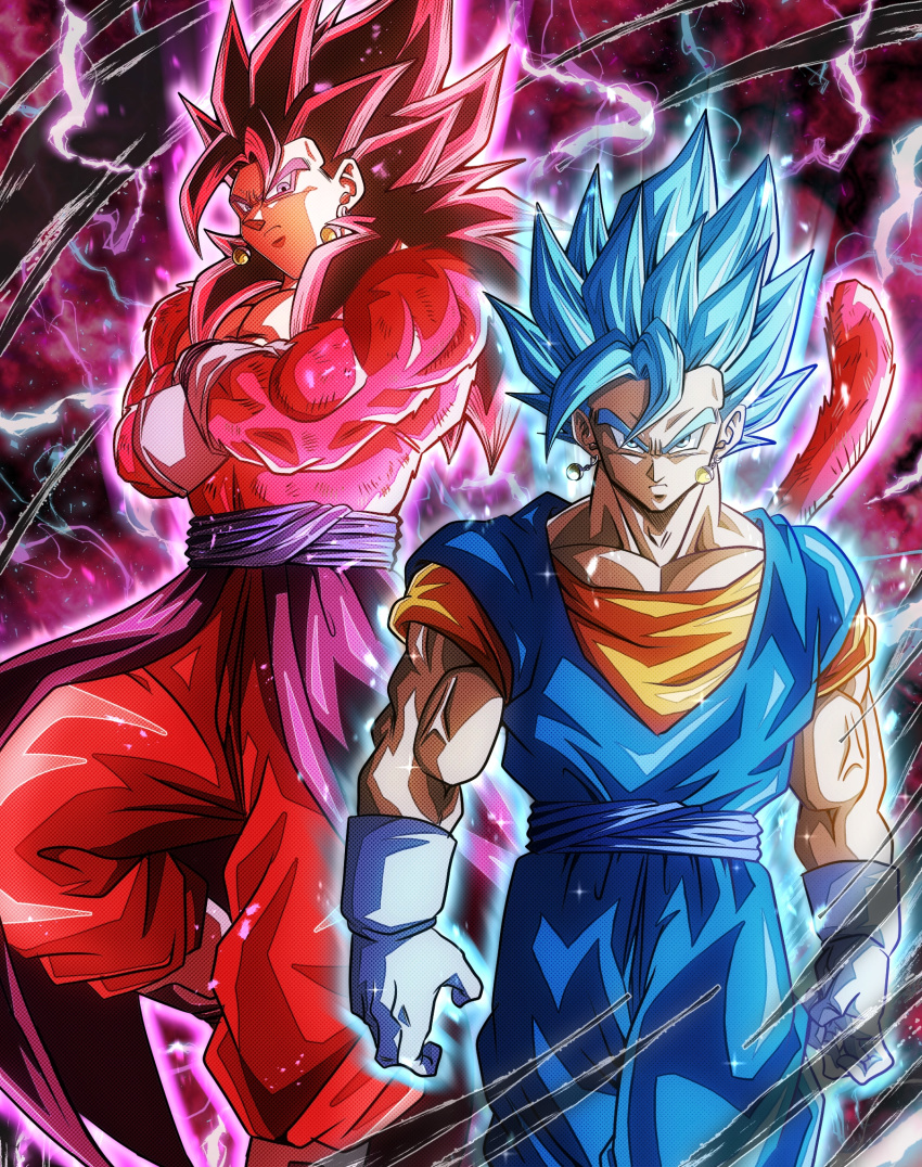 aura biceps blue_eyes body_fur dougi dragon_ball dragon_ball_(classic) dragon_ball_heroes dragon_ball_super earrings fusion gloves highres jewelry looking_at_viewer monkey_boy monkey_tail multiple_persona no_nipples obi orange_shirt pants pink_fur potara_earrings red_fur red_pants saiyan sash shirt spiky_hair super_full_power_saiyan_4_limit_breaker super_saiyan super_saiyan_4 super_saiyan_blue tail ushi0319 vegetto vegetto_(xeno) white_gloves white_legwear