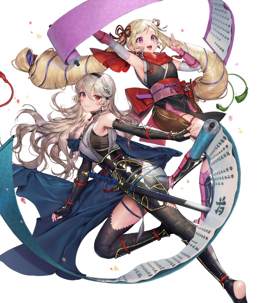 2girls bangs blonde_hair corrin_(fire_emblem) corrin_(fire_emblem)_(female) elise_(fire_emblem) fire_emblem fire_emblem_fates fire_emblem_heroes full_body hair_ornament hairband highres japanese_clothes long_hair multiple_girls ninja official_art pointy_ears red_eyes senchat silver_hair transparent_background violet_eyes