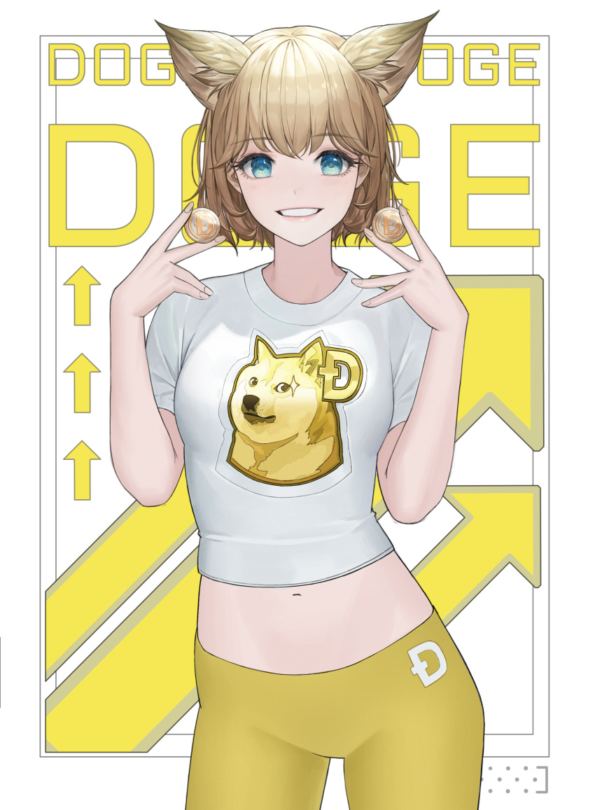 1girl absurdres animal_ears arrow_(symbol) bangs breasts coin cowboy_shot daeho_cha dog_ears doge dogecoin eyebrows_visible_through_hair green_eyes grin hands_up highres large_breasts looking_at_viewer navel orange_pants original pants shiny shiny_hair shirt short_hair short_sleeves smile solo stomach teeth white_background white_shirt