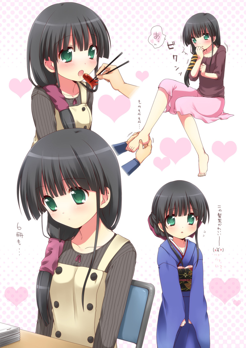 asymmetrical_hair barefoot black_hair casual chopsticks comic_party feeding feet folding_chair foot_hold green_eyes hasebe_aya heart highres holding_another's_foot japanese_clothes kimono mani massage