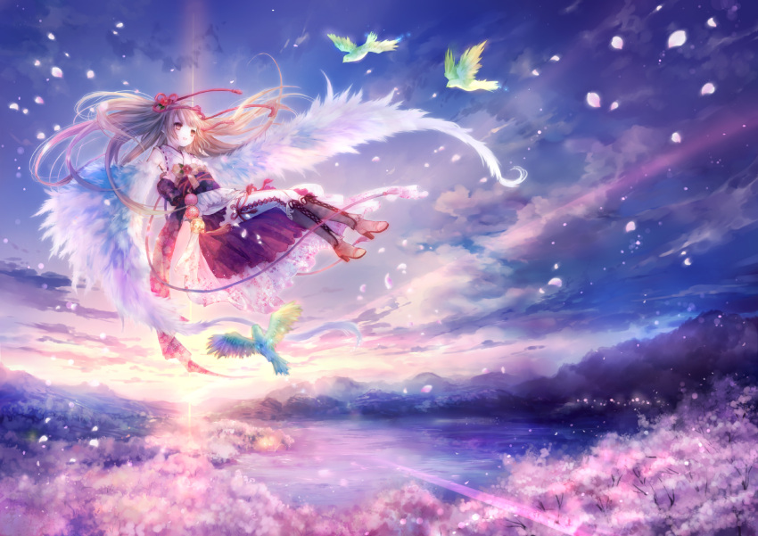 boots brown_eyes brown_hair cross-laced_footwear floating flower hair_flower hair_ornament highres japanese_clothes lace-up_boots lace-up_thighhighs landscape long_hair onineko original sky solo thighhighs twintails wings