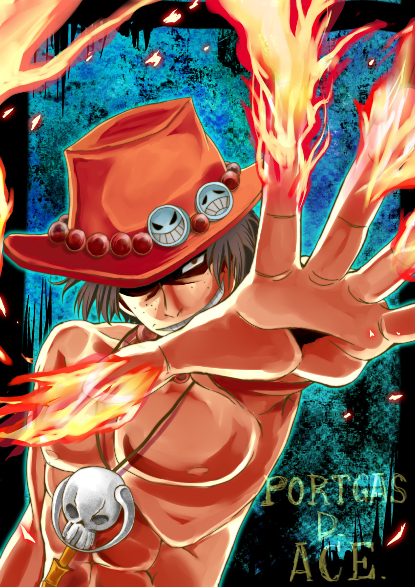 brown_hair character_name evil_grin evil_smile fire foreshortening freckles grin hands hat highres male okemai one_piece portgas_d_ace red_eyes shirtless skull smile solo