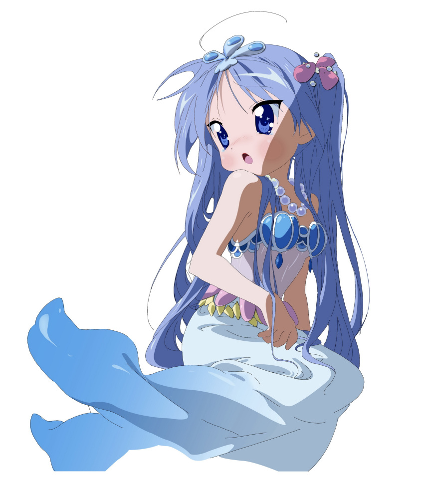 ahoge blue_hair blush hair_ornament highres hiiragi_kagami long_hair looking_back lucky_star mermaid_suit sumomo_(tyc78503012) twintails