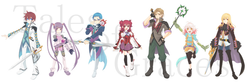 4boys asbel_lhant bad_id blonde_hair blue_hair brown_hair cheria_barnes glasses gradient_hair highres hubert_ozwell malik_caesars multicolored_hair multiple_boys multiple_girls pascal purple_hair red_hair redhead richard_(tales_of_graces) shiogoma sophie_(tales_of_graces) sword tales_of_(series) tales_of_graces thighhighs title_drop twintails two-tone_hair two_side_up weapon white_hair