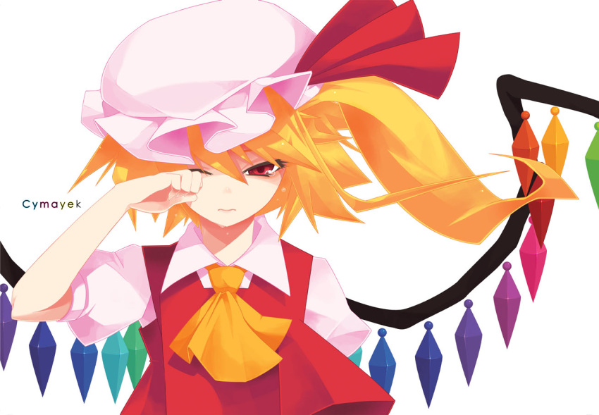 bust flandre_scarlet hat jpeg_artifacts mzh ponytail red_eyes short_hair side_ponytail simple_background tears touhou wings wiping_tears