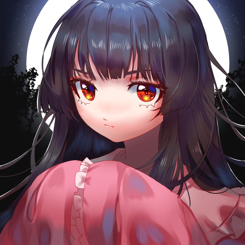 1girl backlighting bamboo bangs black_hair blush expressionless eyebrows_visible_through_hair face frilled_shirt_collar frills full_moon hands_in_opposite_sleeves highres houraisan_kaguya long_hair long_sleeves looking_at_viewer moon moonlight night night_sky outdoors red_eyes shianebulae sky solo star_(sky) starry_sky touhou upper_body