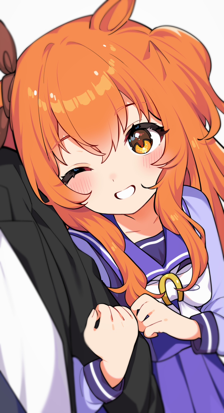 1boy 1girl animal_ears blush collarbone highres horse_ears horse_girl inuyama_nanami long_hair long_sleeves mayano_top_gun_(umamusume) one_eye_closed open_mouth orange_eyes orange_hair pleated_skirt purple_skirt school_uniform simple_background skirt smile solo_focus tracen_school_uniform trainer_(umamusume) two_side_up umamusume white_background