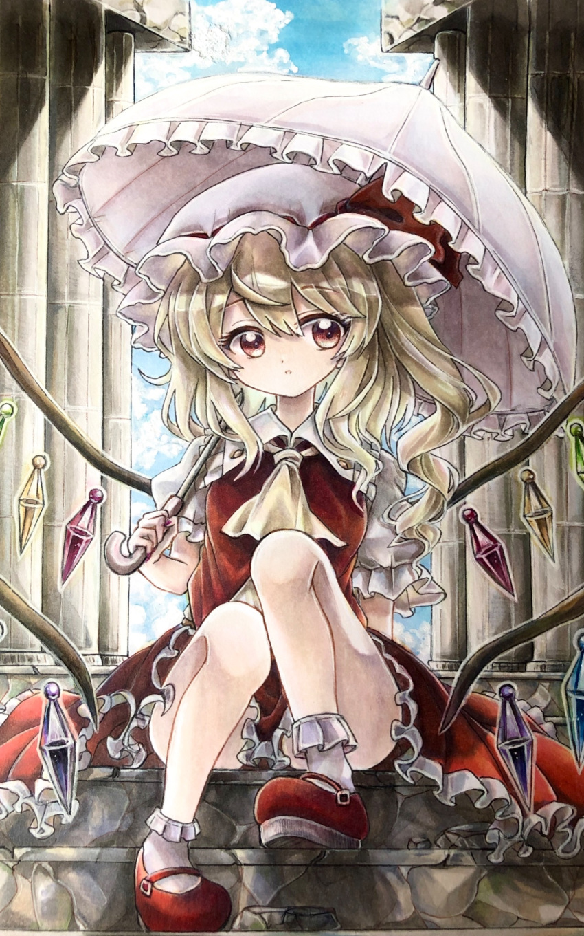 1girl :o ascot bangs blonde_hair bobby_socks bow crystal eyebrows_visible_through_hair flandre_scarlet frilled_legwear frilled_shirt_collar frilled_skirt frilled_sleeves frilled_umbrella frills hair_between_eyes hat hat_ribbon highres hisako_(6anmbblfnjueeff) mary_janes medium_hair mob_cap one_side_up pillar puffy_short_sleeves puffy_sleeves red_bow red_eyes red_footwear red_ribbon red_skirt red_vest ribbon shirt shoes short_sleeves sitting sitting_on_stairs skirt socks solo stairs stone_stairs touhou traditional_media umbrella vest white_legwear white_shirt white_umbrella wings yellow_neckwear