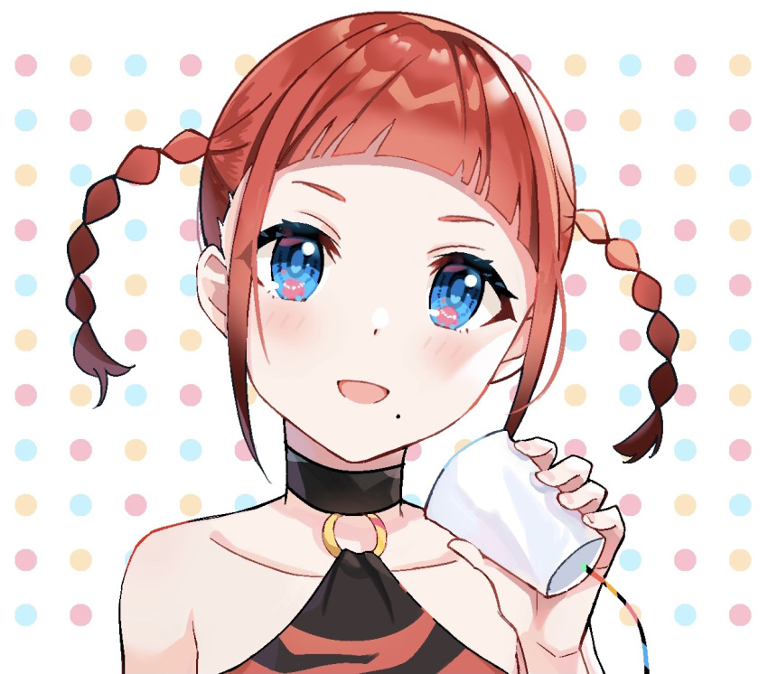 1girl :d asukagawa_chise bangs blue_eyes braid cup disposable_cup gridman_universe hechuan mole mole_under_mouth o-ring polka_dot polka_dot_background redhead short_hair smile ssss.dynazenon twin_braids twintails upper_body