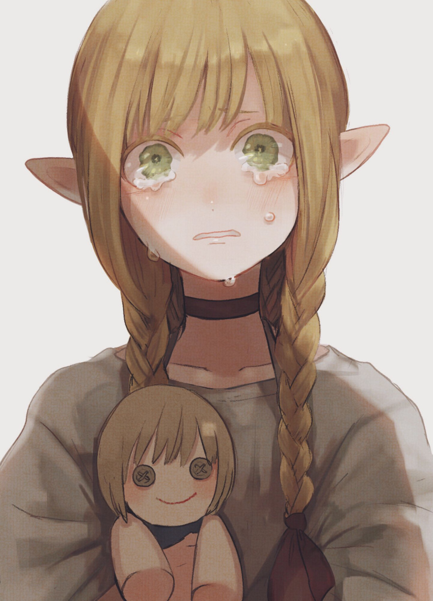 1girl bangs blonde_hair blush braid button_eyes character_doll choker crying crying_with_eyes_open doll dungeon_meshi elf falin_thorden green_eyes hair_over_shoulder highres long_hair looking_at_viewer marcille pointy_ears quad_braids quad_tails r06ku scared simple_background solo stuffed_toy tears upper_body wavy_hair white_background younger