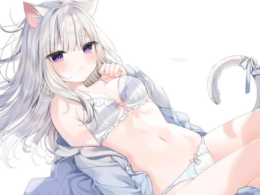 1girl animal_ear_fluff bangs blue_shirt blush bow bow_bra bow_panties bra breasts closed_mouth collared_shirt commentary dress_shirt eyebrows_visible_through_hair grey_hair hand_up highres light_smile long_hair long_sleeves looking_at_viewer lying mafuyu_(chibi21) navel on_back open_clothes open_shirt original panties romaji_commentary shirt signature simple_background sleeves_past_wrists small_breasts solo tail tail_bow tail_ornament tail_raised underwear violet_eyes white_background white_bow white_bra white_panties
