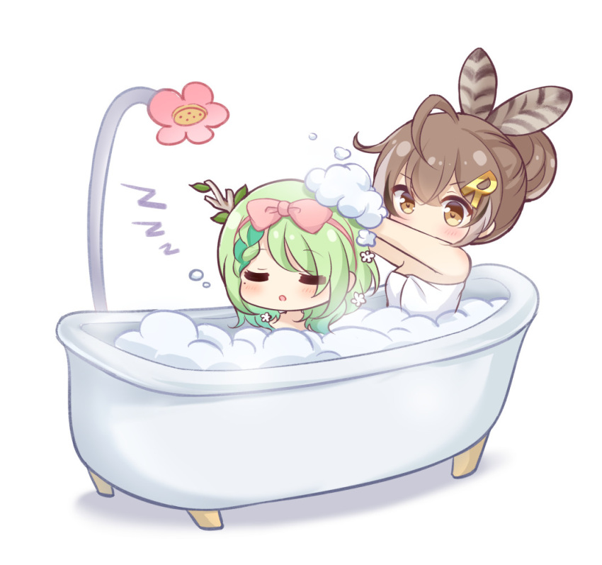 2girls :o bangs bare_arms bare_shoulders bath bathing bathtub black_hair blush bow braid branch brown_eyes brown_hair ceres_fauna closed_eyes commentary eyebrows_visible_through_hair feather_hair_ornament feathers flower green_hair grey_hair hair_between_eyes hair_bow hair_bun hair_ornament hair_up hairband hololive hololive_english multicolored_hair multiple_girls naked_towel nanashi_mumei nikoo outstretched_arms parted_lips pink_bow pink_flower pink_hairband shadow sleeping soap_bubbles streaked_hair symbol-only_commentary towel two-tone_hair v-shaped_eyebrows virtual_youtuber washing_another white_background zzz