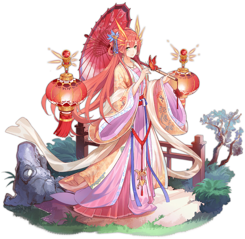 1girl ark_order artist_request bangs bug butterfly butterfly_on_hand chinese_clothes closed_mouth dress earrings energy_horns faux_figurine fence full_body grass green_eyes hair_ornament hanfu holding holding_umbrella jewelry lantern long_hair long_sleeves looking_at_viewer necklace official_art oil-paper_umbrella pink_dress redhead shawl sidelocks smile solo stairs stone tassel transparent_background tree umbrella very_long_hair wide_sleeves xihe_(ark_order)