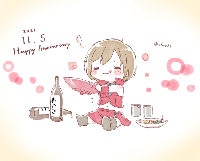 1girl :d =_= anniversary bare_arms bare_shoulders blush_stickers boots bottle brown_hair character_name chibi closed_eyes commentary crop_top cup dated dish dripping faux_traditional_media flower food heart highres meiko meiko_(vocaloid3) miniskirt red_shirt red_skirt sa-fu_(sfmk39) sakazuki sake_bottle shirt short_hair skirt smile solo tongue tongue_out translated twitter_username vocaloid wrist_cuffs