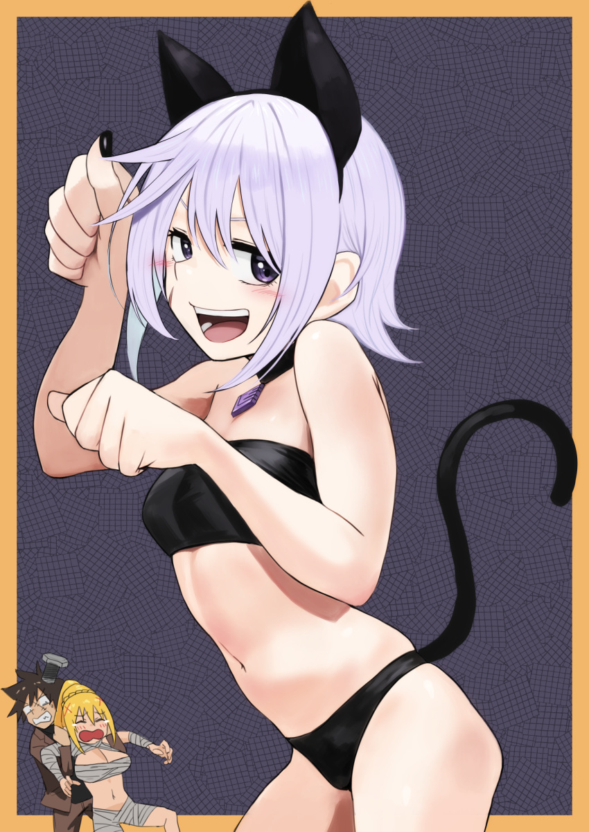 1boy 2girls animal_ear_headwear animal_ears bandages bikini black_nails blonde_hair breasts brown_hair cat_ears cat_girl cat_tail chris_(konosuba) collar commentary_request cosplay darkness_(konosuba) fake_animal_ears frankenstein's_monster frankenstein's_monster_(cosplay) halloween halloween_costume head_bolt highres izawa_koushi kono_subarashii_sekai_ni_shukufuku_wo! large_breasts long_hair looking_at_viewer medium_hair multiple_girls mummy mummy_costume nail_polish naked_bandage navel paw_pose ponytail satou_kazuma scar scar_on_cheek scar_on_face short_hair silver_hair swimsuit tail