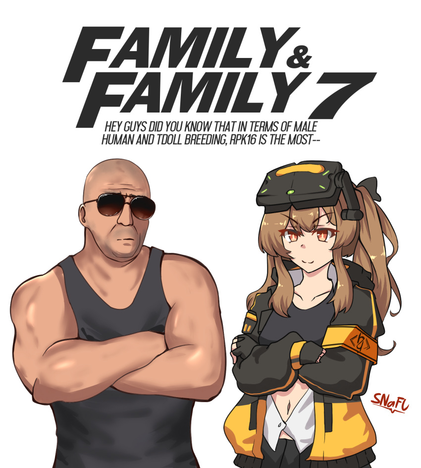 1boy 1girl armband bald black_gloves black_tank_top brown_eyes brown_hair crossed_arms crossover dominic_toretto english_text fingerless_gloves girls_frontline gloves head-mounted_display highres jacket long_sleeves muscular muscular_male navel sidelocks snafu sunglasses tank_top the_fast_and_the_furious ump9_(girls'_frontline)