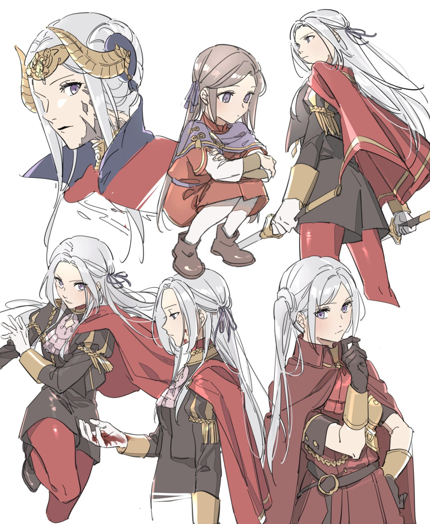 1girl blood blood_on_clothes blood_on_face blood_on_gloves blood_on_hands commentary_request dual_wielding edelgard_von_hresvelg fake_horns fire_emblem fire_emblem:_three_houses garreg_mach_monastery_uniform gloves hair_ornament hegemon_edelgard highres holding holding_sword holding_weapon horns long_hair long_sleeves looking_at_viewer multiple_views nanao_parakeet pantyhose shorts side_ponytail simple_background sword weapon white_background younger