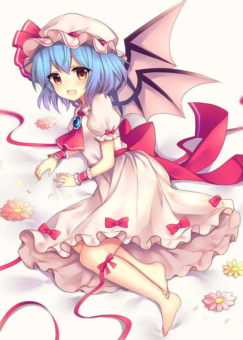 1girl :d absurdres ascot back_bow barefoot bat_wings bed_sheet blue_hair blush bow breasts brooch commentary_request dress dress_bow eyebrows_visible_through_hair eyelashes fang fingernails flower frilled_shirt_collar frilled_sleeves frills hat hat_ribbon highres jewelry leg_ribbon looking_at_viewer lying medium_breasts mob_cap on_side open_mouth petals pink_dress pink_flower puffy_short_sleeves puffy_sleeves red_bow red_eyes red_neckwear red_ribbon remilia_scarlet ribbon ruhika shiny shiny_hair short_hair short_sleeves skin_fang smile solo tongue touhou wings wrist_cuffs yellow_flower