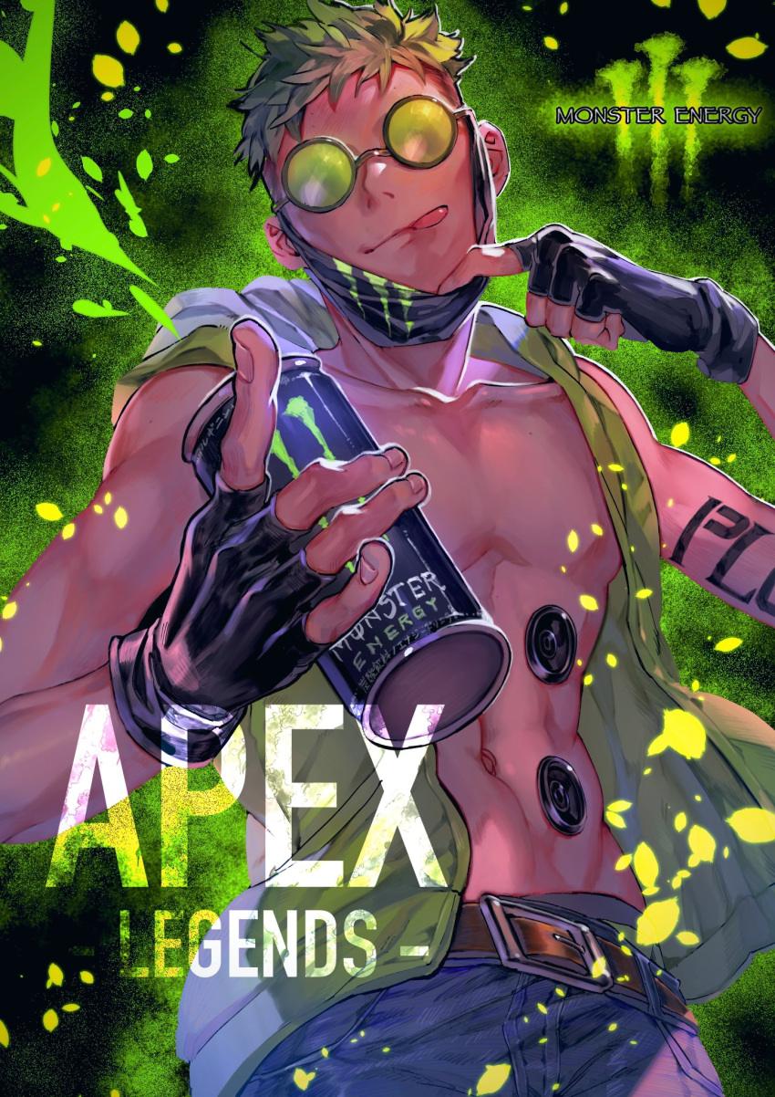 1boy abs apex_legends arm_tattoo bare_pectorals belt black_gloves brown_belt can copyright_name denim fingerless_gloves gloves green_hair green_hoodie highres holding holding_can hood hoodie jeans kawaniwa logo mask_pull monster_energy navel octane_(apex_legends) pants pectorals sleeveless sleeveless_hoodie solo sunglasses tattoo tongue tongue_out undercut