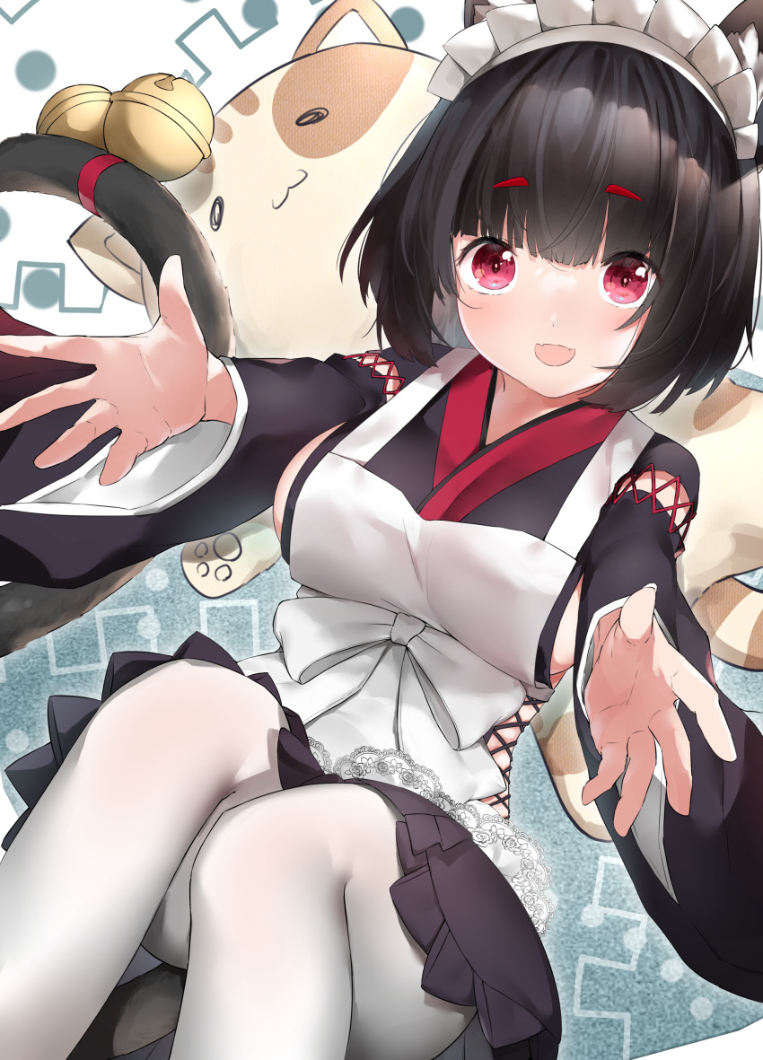 1girl :d absurdres animal_ears apron azur_lane bangs bell black_hair blunt_bangs cat cat_ears cat_tail commentary_request cotton_kanzaki eyebrows_visible_through_hair fangs highres jingle_bell light_blush long_sleeves looking_at_viewer maid_headdress mismatched_eyebrows outstretched_arms pantyhose red_eyes short_hair skin_fangs smile solo tail tail_bell tail_ornament white_apron white_legwear wide_sleeves yamashiro_(azur_lane) yamashiro_(sales_clerk_offensive?!)_(azur_lane)