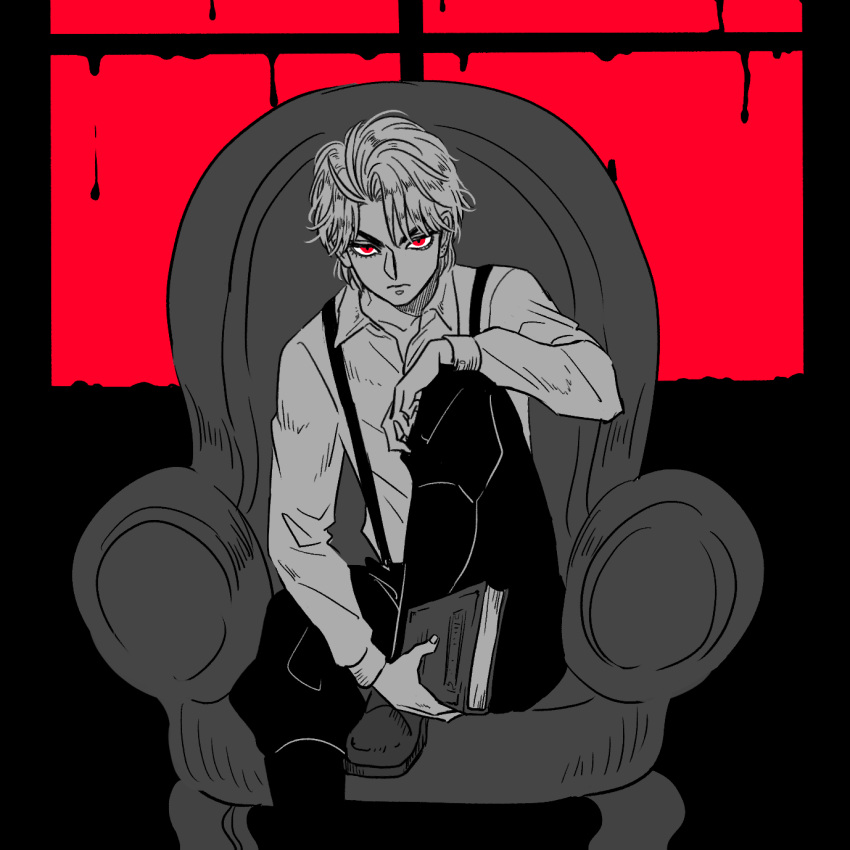1boy armchair book chair dio_brando highres holding holding_book jojo_no_kimyou_na_bouken looking_at_viewer partially_colored phantom_blood red_eyes sitting solo suspenders window yonchi