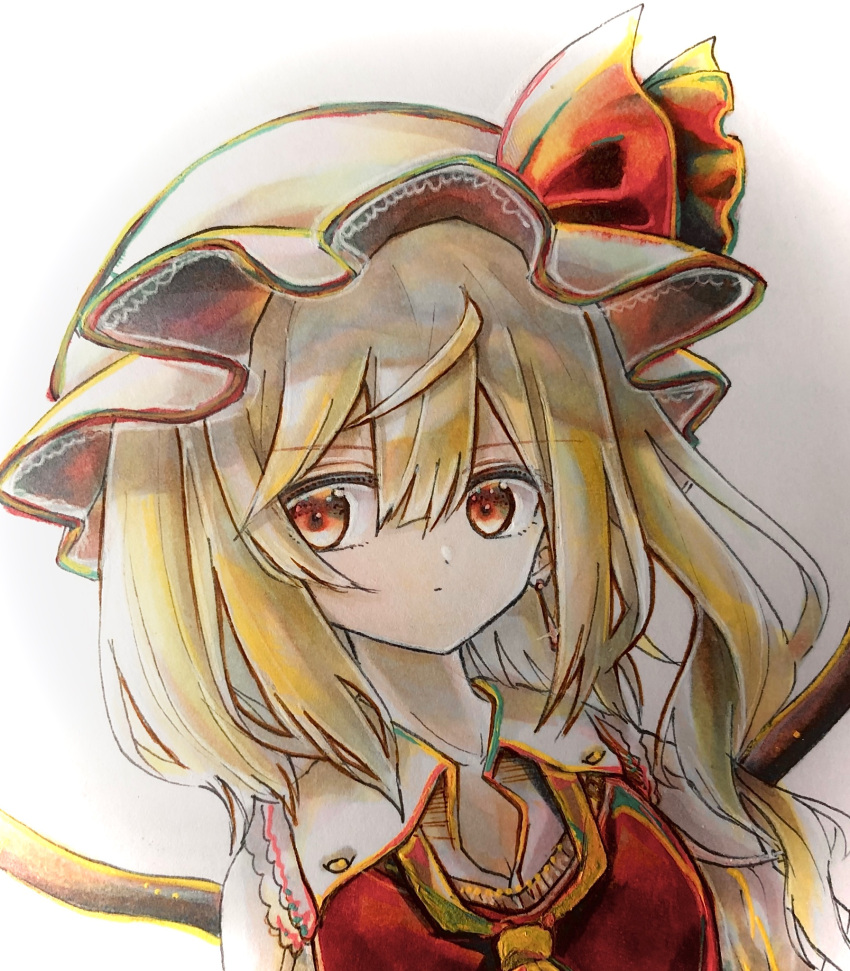 1girl :o ascot bangs bow commentary eyebrows_visible_through_hair flandre_scarlet frilled_shirt_collar frills hair_between_eyes hat hat_ribbon highres hisako_(6anmbblfnjueeff) mob_cap one-hour_drawing_challenge one_side_up photo_(medium) red_bow red_eyes red_ribbon red_vest ribbon shirt short_hair sidelocks solo touhou traditional_media upper_body vest white_background white_shirt wings yellow_neckwear