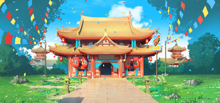 architecture banner building chinese_commentary clouds commentary_request curtains east_asian_architecture flower grass highres lantern no_humans original path pillar plant reflective_floor rooftop scenery shade sky stone tower tree xingzhi_lv