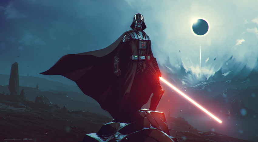 1boy absurdres black_cape cape darth_vader eclipse energy_sword facing_viewer helm helmet highres kalmahul lightsaber male_focus outdoors science_fiction signature solar_eclipse solo star_wars sun sword weapon