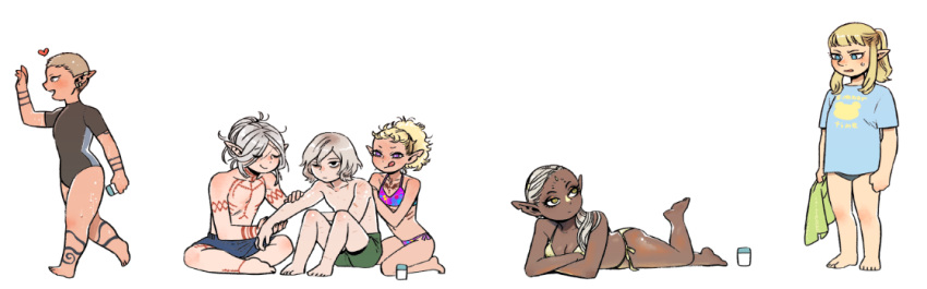 2boys 4girls :q arm_tattoo bangs barefoot bikini black_swimsuit blonde_hair blue_eyes brown_hair chest_tattoo cithis closed_eyes dark-skinned_female dark_skin dungeon_meshi earclip elf facial_mark feet_up fleki forehead_mark hand_on_another's_arm hand_on_another's_back hand_up heart holding holding_towel indian_style knees_up kui_ryouko leg_tattoo long_hair looking_at_another looking_back lotion lotion_bottle lycion lying male_swimwear mithrun multiple_boys multiple_girls notched_ear on_stomach one-piece_swimsuit one_eye_closed otta_(dungeon_meshi) pattadol plantar_flexion pointy_ears ponytail profile ribs rubbing shirt short_hair side-tie_bikini sidelocks silver_hair simple_background sitting smile sunscreen sweatdrop swept_bangs swim_trunks swimsuit swimsuit_under_clothes t-shirt tattoo the_pose tongue tongue_out towel violet_eyes walking waving yellow_bikini yellow_eyes