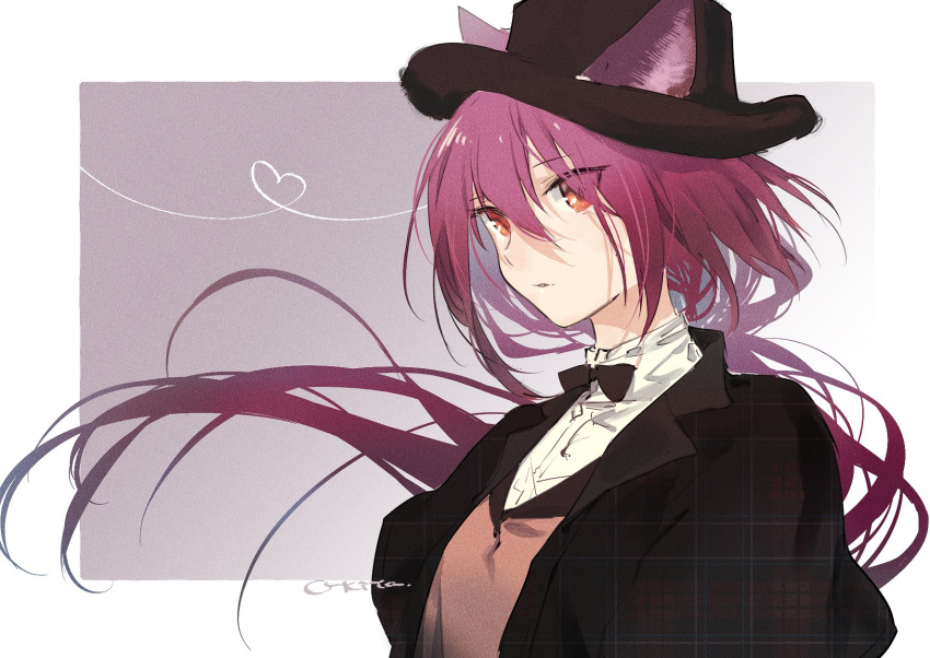 1girl animal_ears arknights black_headwear black_jacket black_neckwear bow bowtie brown_vest cat_ears commentary ears_through_headwear eyebrows_visible_through_hair floating_hair formal hair_between_eyes hat heart heart_of_string highres jacket long_hair looking_at_viewer melantha_(arknights) melantha_(letters_from_wessex)_(arknights) o_kita915 official_alternate_costume open_clothes open_jacket orange_eyes parted_lips purple_background purple_hair shirt signature simple_background solo turtleneck upper_body vest white_shirt