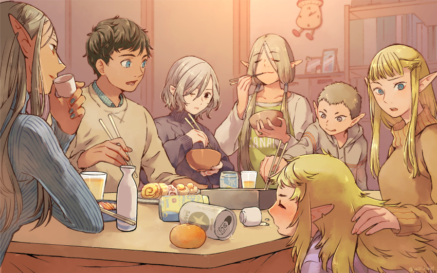 3boys 4girls :q aran_sweater bangs beer_can bento black_hair blonde_hair blue_eyes blue_sweater bookshelf bowl braid brown_sweater can choko_(cup) chopsticks cithis clock closed_eyes clothes_writing cup drinking drunk dungeon_meshi eating facing_viewer fleki food fried_egg fruit grey_hair hair_over_shoulder half_updo happy head_on_table highres holding holding_bowl holding_chopsticks hood hood_down hoodie indoors kabru kotatsu long_hair looking_at_another looking_down looking_to_the_side lycion mandarin_orange mithrun multiple_boys multiple_girls nail_polish notched_ear one_eye_closed otta_(dungeon_meshi) outstretched_arm pattadol picture_frame ribbed_sweater short_hair smile sweater swept_bangs table talking themed_object tokkuri tongue tongue_out worried