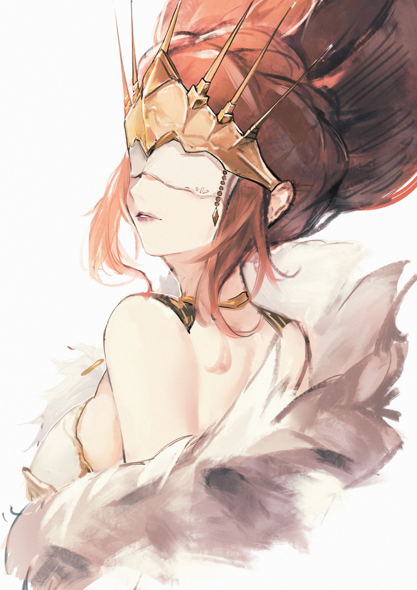 1girl breasts brown_hair eye_mask fanshu highres long_hair looking_back mask medium_breasts octopath_traveler simple_background solo white_background