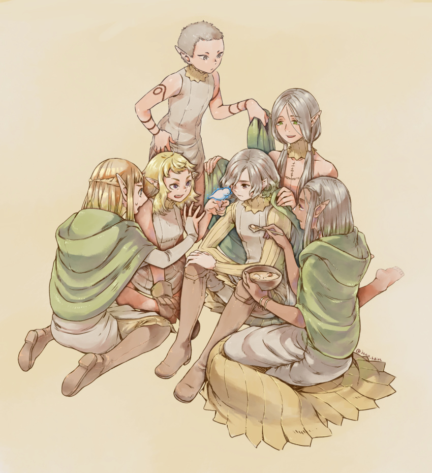 2boys 4girls arm_tattoo bangs bare_shoulders barefoot bird bird_on_hand blonde_hair boots bowl bracelet braid bridal_gauntlets cithis cloak dark-skinned_female dark_skin dressing_another dungeon_meshi elf feeding fleki food giving gloves gorget grey_hair half_updo highres holding holding_bowl holding_spoon hood hood_down hooded_cloak jewelry knee_boots knees_up long_hair long_sleeves lycion mithrun multiple_boys multiple_girls notched_ear otta_(dungeon_meshi) pattadol pointy_ears robe short_hair single_glove sitting sleeveless smile soup spoon standing swept_bangs tattoo topless_male twintails uniform wariza yellow_background