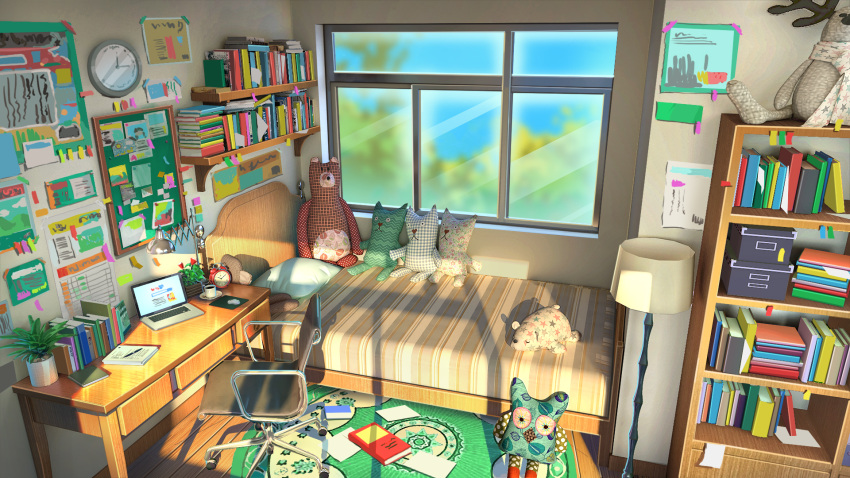 alarm_clock baidu bed book book_stack box bulletin_board carpet chair chinese_commentary clock coffee commentary_request computer cup desk doll flower_pot highres lamp laptop mouse_(computer) no_humans note original paper pen pillow plant plate scenery shade shelf sky spoon sunlight tree window wooden_floor xingzhi_lv