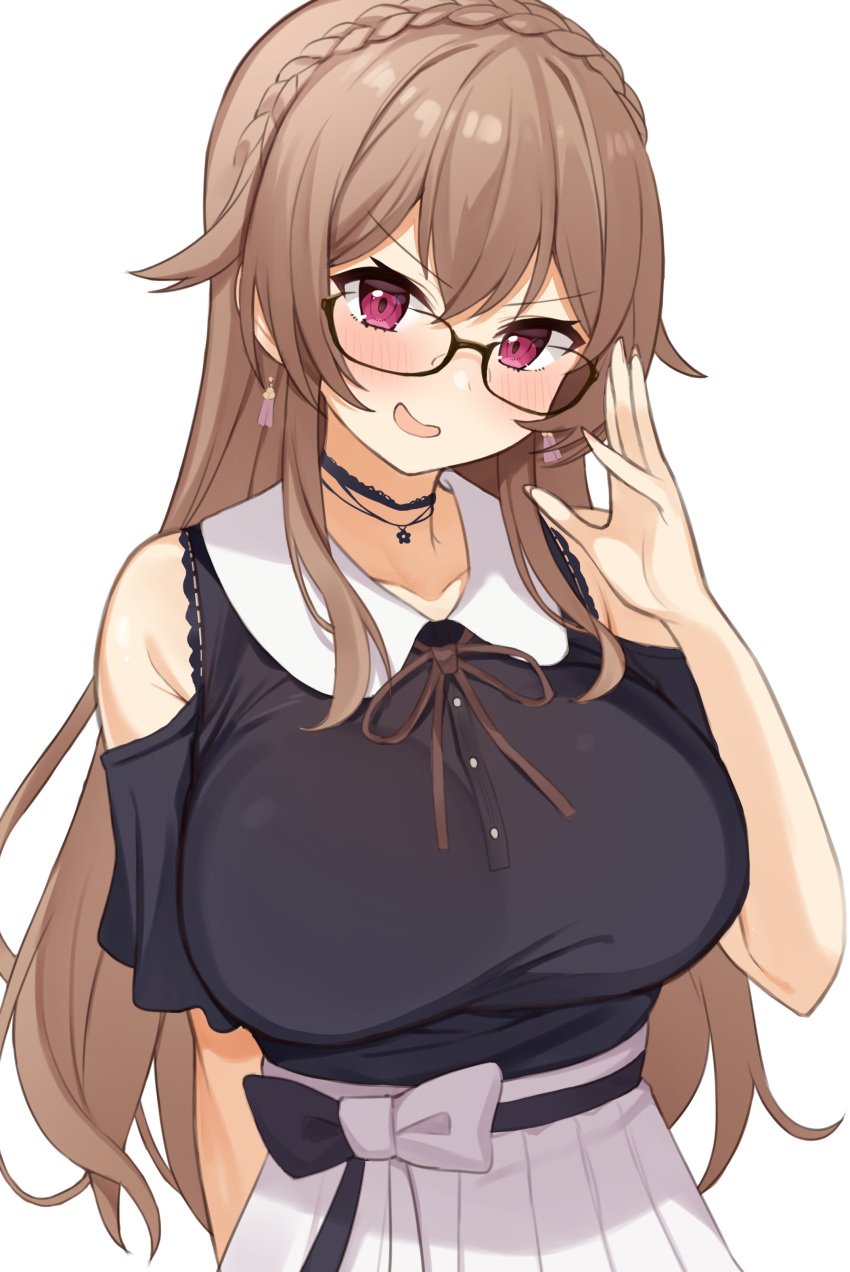 1girl absurdres bespectacled black-framed_eyewear blush breasts brown_hair choker collarbone earrings eyebrows_visible_through_hair furen_e_lustario glasses highres jewelry large_breasts long_hair looking_at_viewer necklace nijisanji open_mouth pink_eyes skirt smile solo star_(symbol) star_necklace tyoko_tanuki16 upper_body virtual_youtuber white_skirt