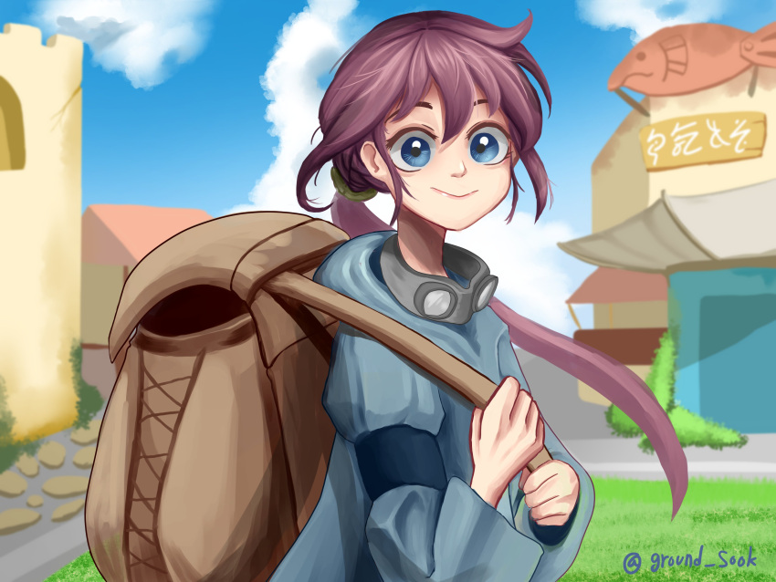 1girl :&gt; absurdres artist_name backpack bag bangs big_eyes blue_eyes blue_jacket blue_sky brown_bag building clouds commentary_request eiul goggles goggles_around_neck grass highres holding_strap jacket korean_commentary long_sleeves low_ponytail original outdoors ponytail purple_hair sidelocks sky smile solo twitter_username upper_body