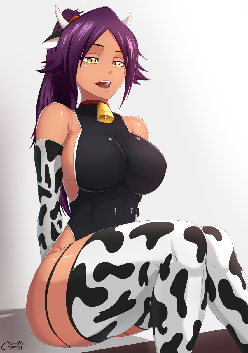 1girl absurdres animal_ears animal_print bell bleach bodysuit breasts castell cow_ears cow_girl cow_print fake_animal_ears highres horns large_breasts looking_at_viewer neck_bell open_mouth ponytail purple_hair shihouin_yoruichi shiny shiny_clothes shiny_hair shiny_skin solo thigh-highs yellow_eyes