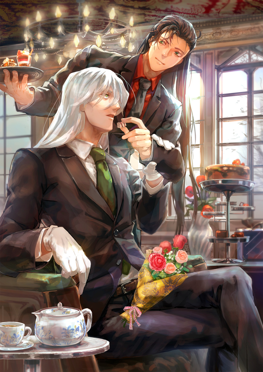 2boys akai_shuuichi black_hair cake cake_stand chandelier cup flower food formal gin_(meitantei_conan) gloves green_eyes highres indoors long_hair male_focus meitantei_conan multiple_boys shirobeko smile suit teacup teapot white_hair