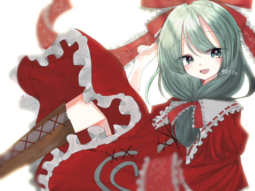 boots bow frilled_bow frilled_collar green_eyes green_hair kagiyama_hina looking_at_viewer red_dress shion_343 solo touhou white_background