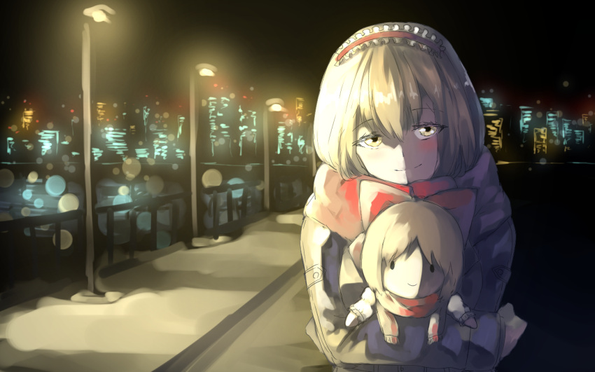 alice_margatroid blonde_hair blue_coat frilled_headband half-closed_eyes hug scarf shanghai_doll short_hair smile sunyup touhou yellow_eyes