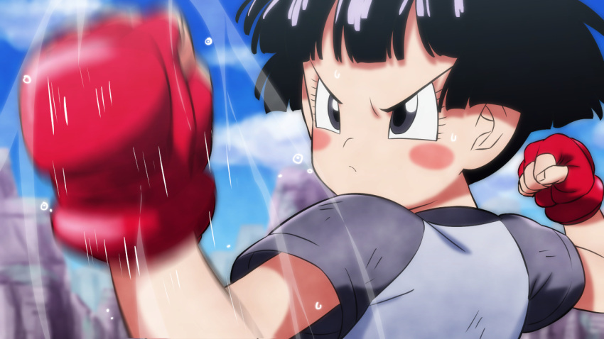 1girl black_hair blue_sky blurry blurry_background blush_stickers child closed_mouth clouds dragon_ball dragon_ball_super dragon_ball_super_super_hero fingerless_gloves gloves grey_eyes pan_(dragon_ball) punching red_gloves rom_(20) shirt short_hair short_sleeves sky solo sweat v-shaped_eyebrows