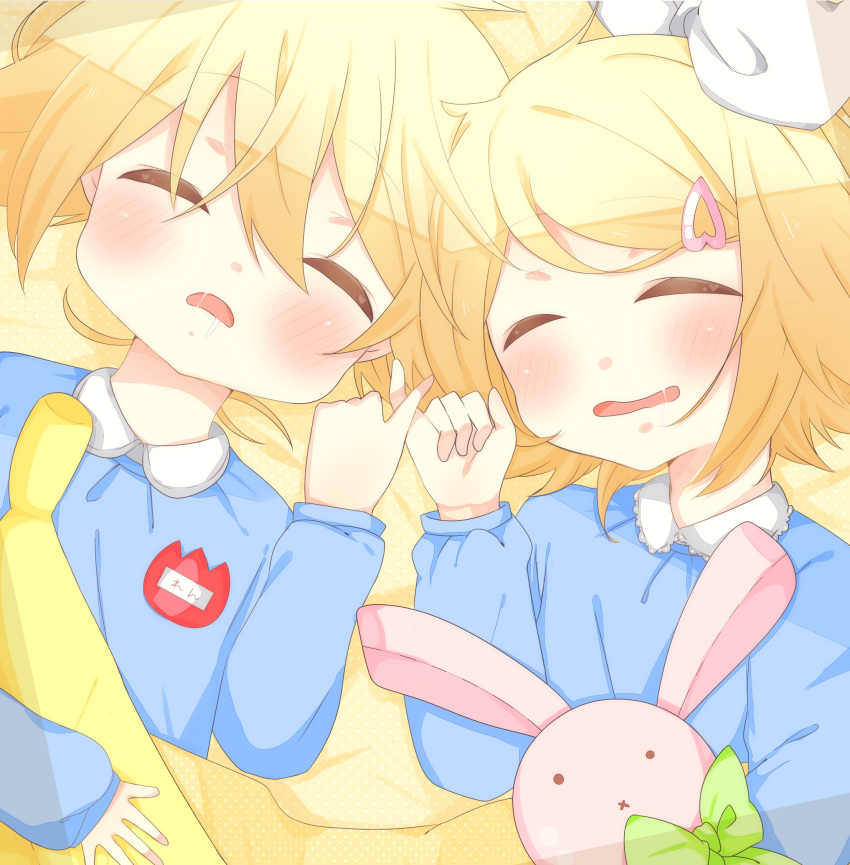 banana blonde_hair blush bow closed_eyes commentary_request drooling eyebrows_visible_through_hair food fruit hair_bow hair_ornament hairpin highres holding_hands kagamine_len kagamine_rin kindergarten_uniform lying name_tag on_back open_mouth ri04sa01 sleeping smile stuffed_animal stuffed_bunny stuffed_toy vocaloid