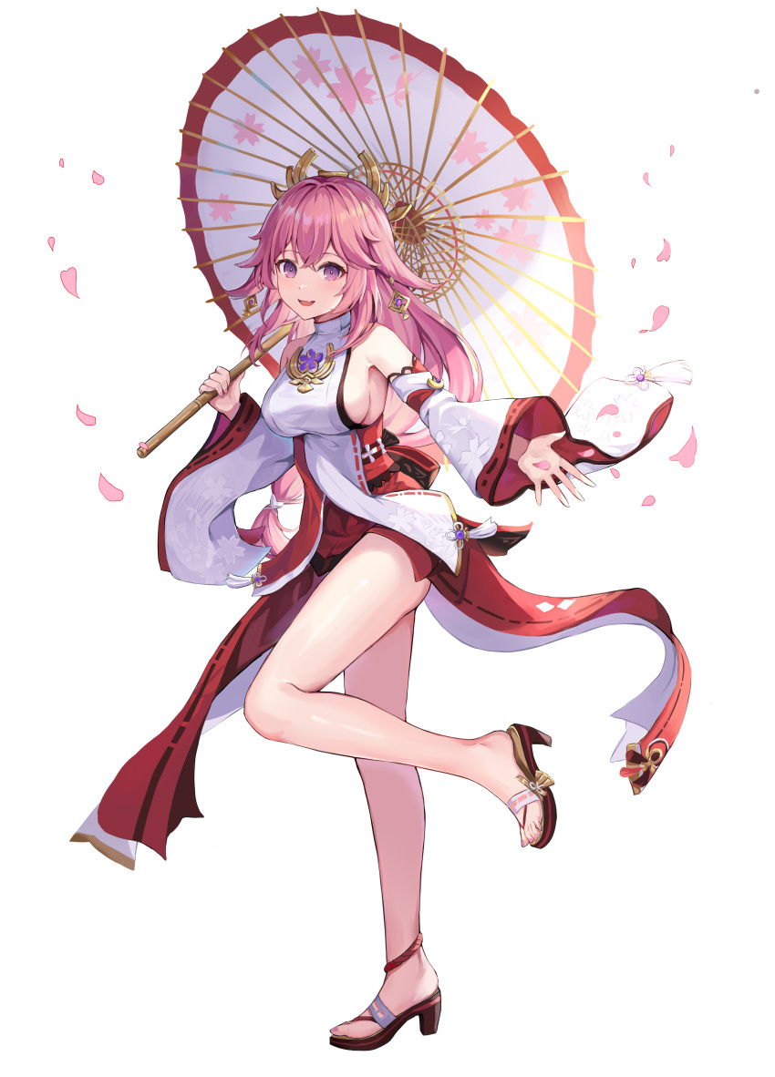 1girl :d absurdres animal_ears armpits bare_legs bare_shoulders breasts cherry_blossoms detached_sleeves earrings fang floppy_ears full_body genshin_impact hair_ornament highres hokori_sakuni holding japanese_clothes jewelry kimono large_breasts leg_up long_hair long_sleeves looking_at_viewer miko oil-paper_umbrella outstretched_arm pink_hair sideboob smile solo standing standing_on_one_leg thighs umbrella very_long_hair violet_eyes white_kimono wide_sleeves yae_(genshin_impact) zouri