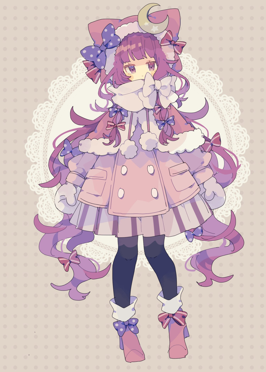 1girl adapted_costume bangs black_legwear blue_bow boots bow capelet coat crescent crescent_pin doily footwear_bow full_body fur-trimmed_capelet fur-trimmed_hood fur_trim hair_bow highres hood hood_up jitome long_hair long_sleeves looking_at_viewer mittens nikorashi-ka pantyhose patchouli_knowledge pink_coat pink_footwear pink_skirt polka_dot polka_dot_background pom_pom_(clothes) purple_capelet purple_hair purple_skirt red_bow scarf scarf_bow skirt solo star_(symbol) striped striped_skirt touhou very_long_hair violet_eyes winter_clothes winter_coat