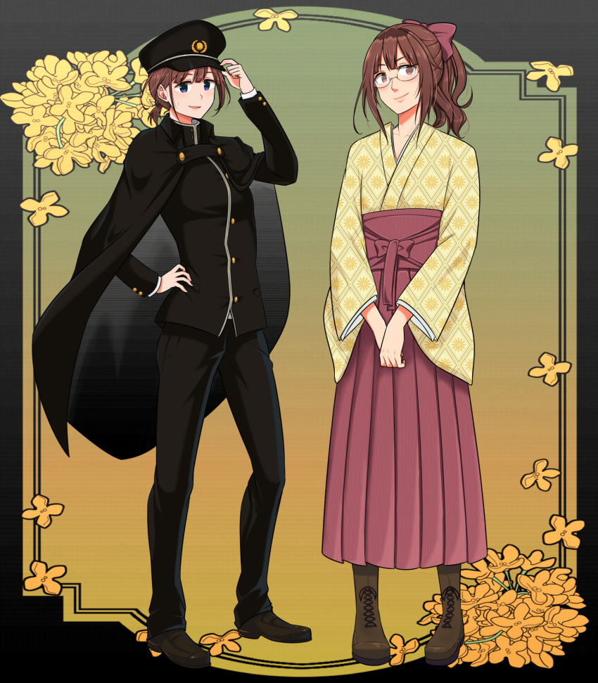 1boy 1girl black_cape black_headwear black_jacket black_pants blue_eyes boots bow brown_eyes brown_footwear brown_hair cape crossdressing full_body glasses hair_bow hat highres jacket japanese_clothes kimono long_sleeves low_ponytail nusisippi original pants peaked_cap ponytail print_kimono red-framed_eyewear red_bow shoes standing taishou yellow_kimono