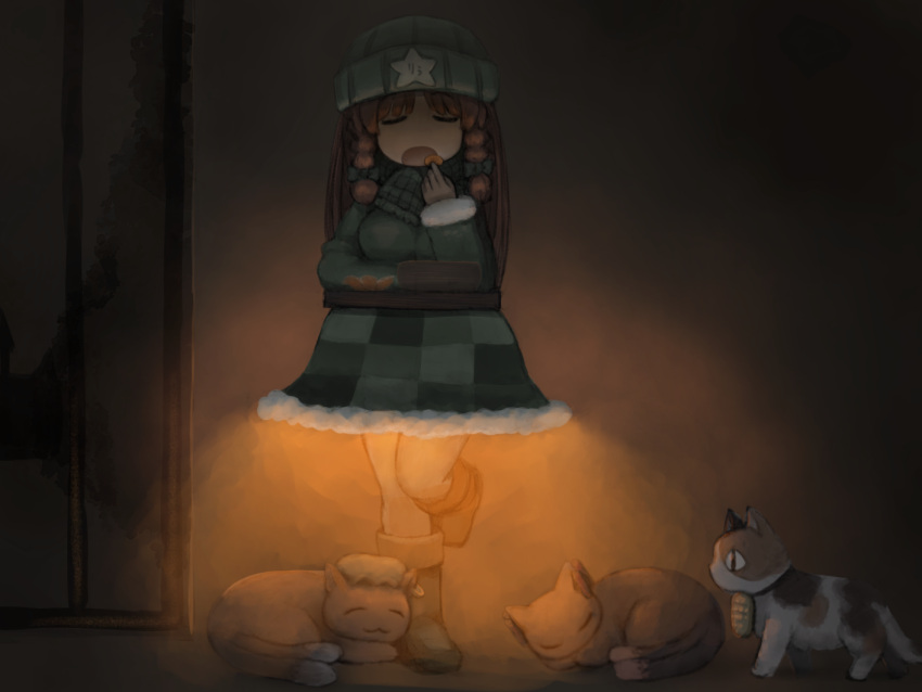 &lt;|&gt;_&lt;|&gt; 1girl :o animal beanie black_footwear boots braid breasts brown_hair cat chen chen_(cat) closed_eyes commentary_request food fruit green_headwear green_sweater grey_legwear hat holding holding_food hong_meiling kaenbyou_rin kaenbyou_rin_(cat) kotatsu long_hair mandarin_orange medium_breasts night open_mouth outdoors pantyhose shirosato standing standing_on_one_leg star_(symbol) sweater table touhou twin_braids