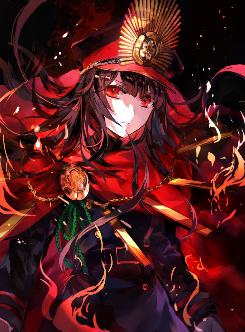 1girl absurdres bangs black_hair black_headwear black_jacket black_pants breasts buttons cape chain family_crest fate/grand_order fate_(series) hat highres jacket koha-ace long_hair long_sleeves looking_at_viewer medallion oda_nobunaga_(fate) oda_uri pants peaked_cap popped_collar red_cape red_eyes rioka_(southern_blue_sky) small_breasts