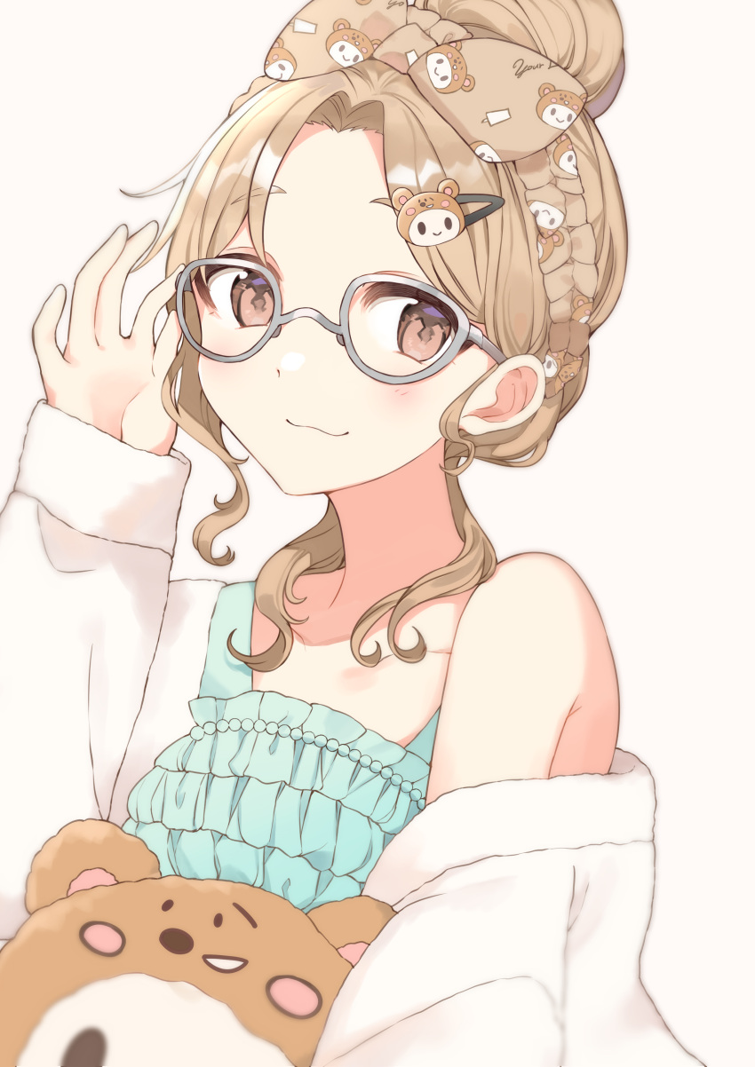 1girl :3 absurdres animal_print bangs bear_print bespectacled blonde_hair blush glasses hair_bun hair_ornament hairband hairclip highres ichikawa_hinana idolmaster idolmaster_shiny_colors jacket jacket_partially_removed light_smile looking_at_viewer parted_bangs rin_(yukameiko) simple_background single_bare_shoulder solo stuffed_toy wavy_hair white_background white_jacket