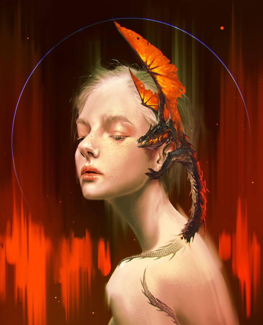 1girl absurdres black_background blonde_hair closed_eyes dragon english_commentary freckles highres kalmahul lips multicolored_background nude open_mouth original parted_lips red_background shiny shiny_skin short_hair small_dragon solo tail wings