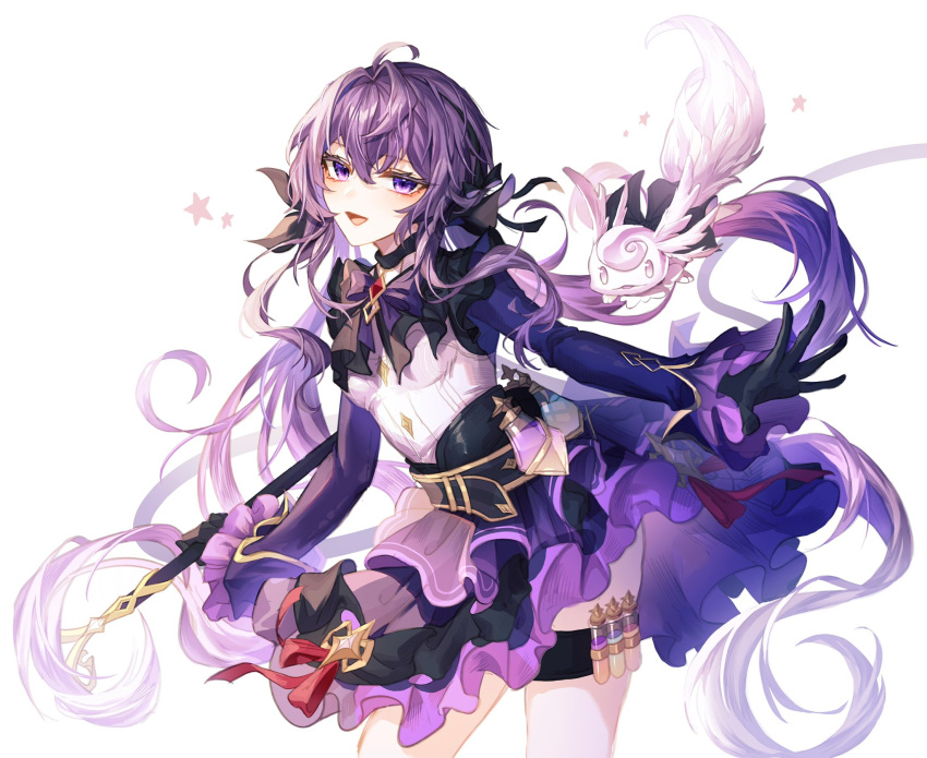 1girl ahoge aisha_landar bangs belt black_bow black_gloves black_ribbon bow cowboy_shot dress elsword frilled_sleeves frills gloves hair_between_eyes hair_ribbon highres holding holding_staff homunculus leaning_to_the_side long_hair long_sleeves looking_at_viewer low_twintails mystic_alchemist_(elsword) open_mouth outstretched_arm outstretched_hand potion purple_bow purple_hair red_ribbon ribbon solo staff star_(symbol) test_tube thigh_strap twintails very_long_hair vial violet_eyes yodaka_sansei